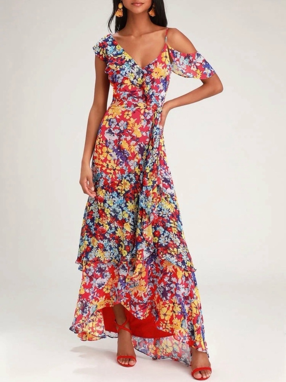 Lulus Radiant Ruby Red Floral Print Chiffon Cold Shoulder Maxi Dress